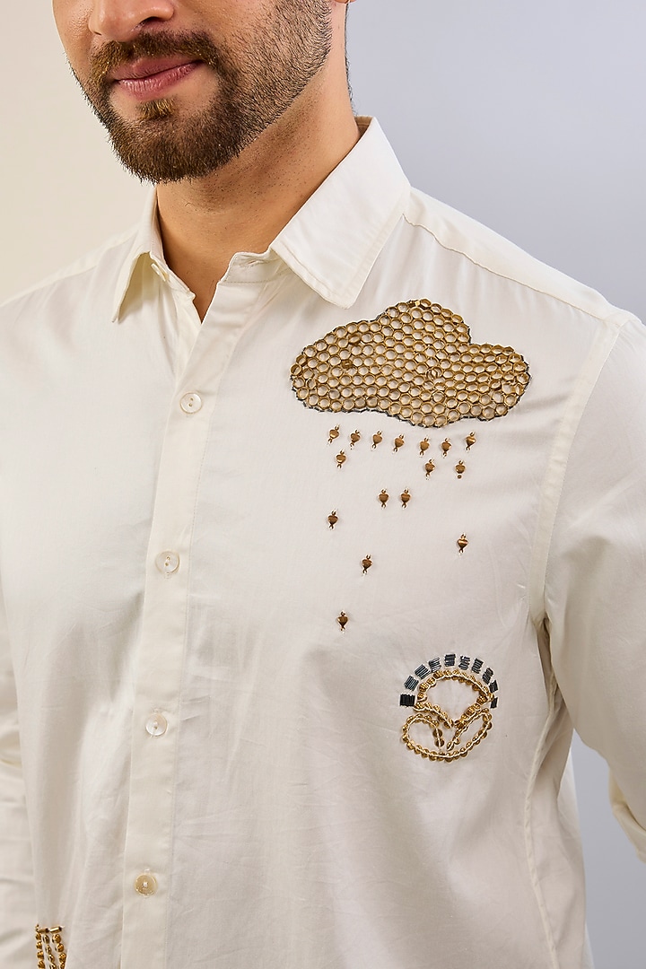 Ivory Cotton Satin Hand Embroidered Wedding Shirt by Sahil Kochhar Men at Pernia's Pop Up Shop