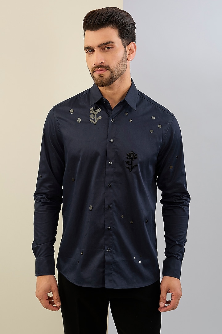 Blue Cotton Satin Hand Embroidered Shirt by Sahil Kochhar Men