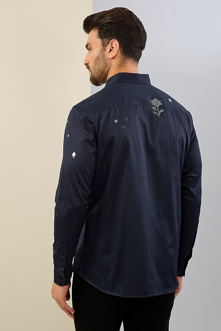 Blue Cotton Satin Hand Embroidered Wedding Shirt by Sahil Kochhar Men at Pernia's Pop Up Shop