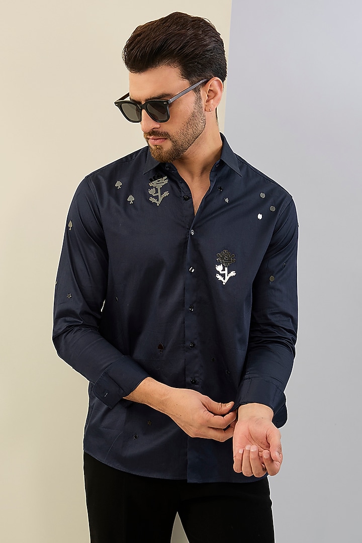 Blue Cotton Satin Hand Embroidered Wedding Shirt by Sahil Kochhar Men at Pernia's Pop Up Shop
