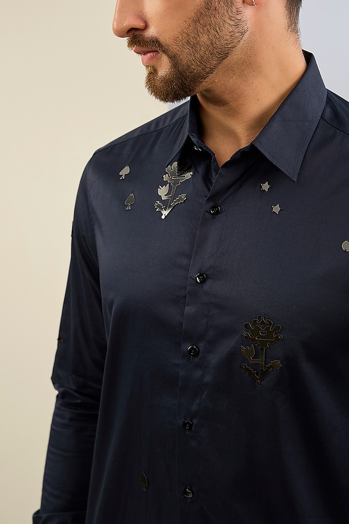 Blue Cotton Satin Hand Embroidered Wedding Shirt by Sahil Kochhar Men at Pernia's Pop Up Shop
