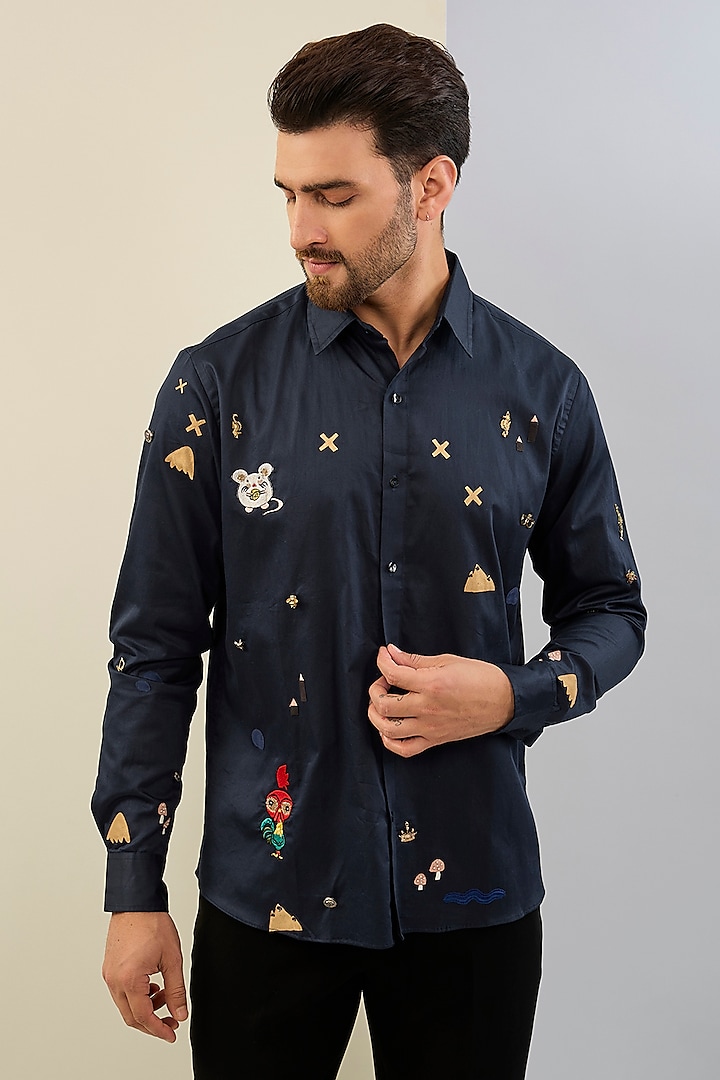 Blue Cotton Satin Hand & Machine Embroidered Shirt by Sahil Kochhar Men at Pernia's Pop Up Shop