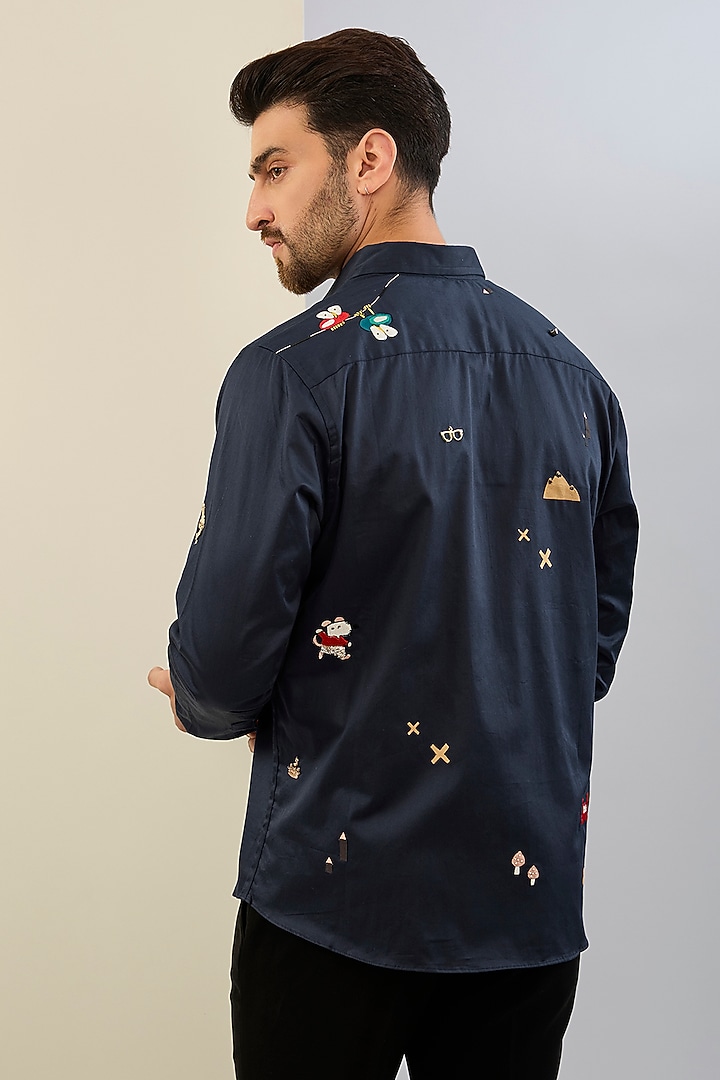 Blue Cotton Satin Hand & Machine Embroidered Wedding Shirt by Sahil Kochhar Men at Pernia's Pop Up Shop