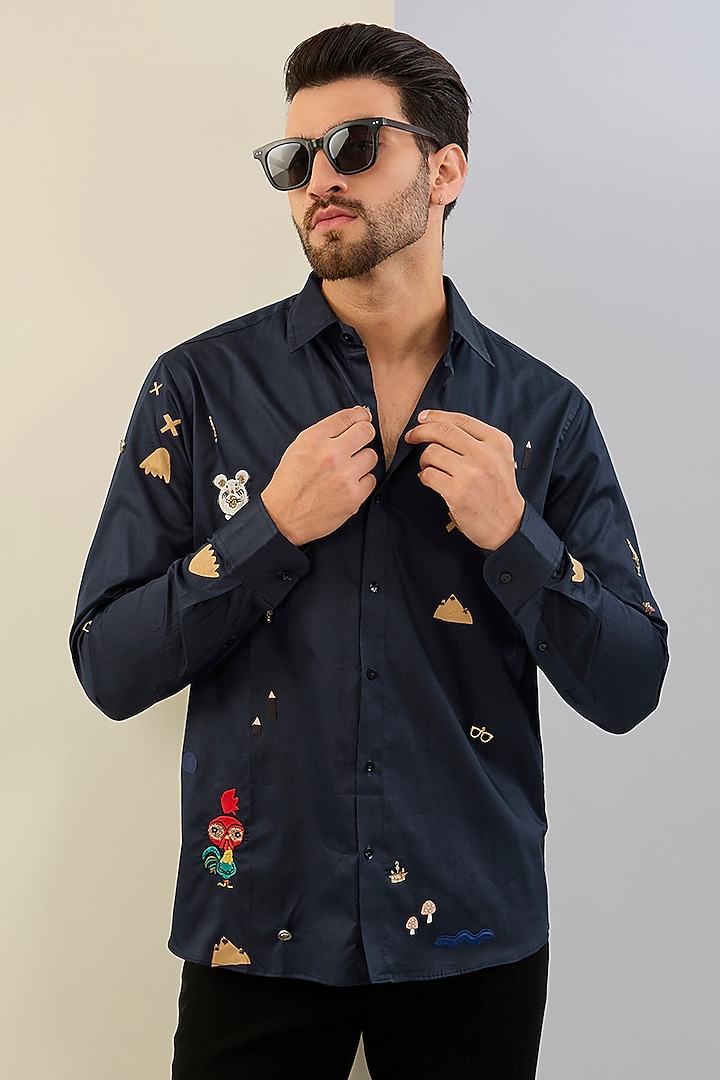 Blue Cotton Satin Hand & Machine Embroidered Wedding Shirt by Sahil Kochhar Men at Pernia's Pop Up Shop