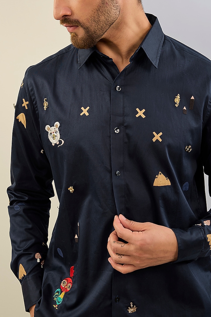 Blue Cotton Satin Hand & Machine Embroidered Wedding Shirt by Sahil Kochhar Men at Pernia's Pop Up Shop