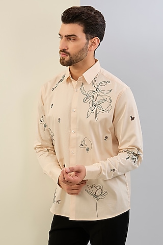 Beige Cotton Satin Machine Embroidered Shirt by Sahil Kochhar Men