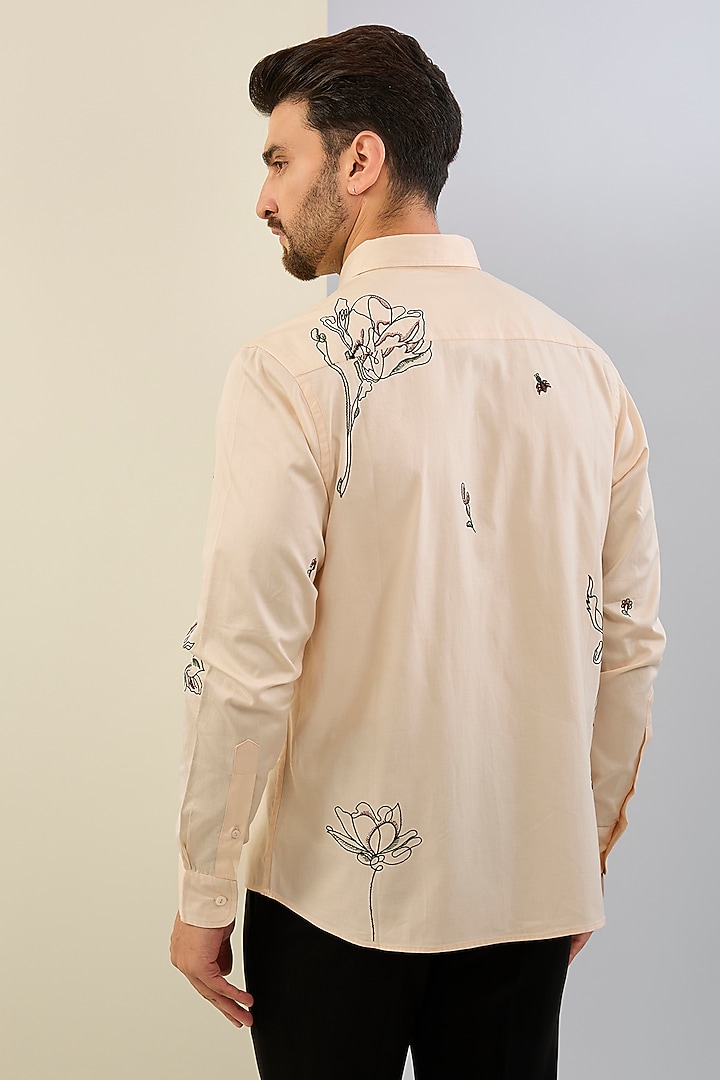 Beige Cotton Satin Machine Embroidered Party Wear Shirt by Sahil Kochhar Men at Pernia's Pop Up Shop