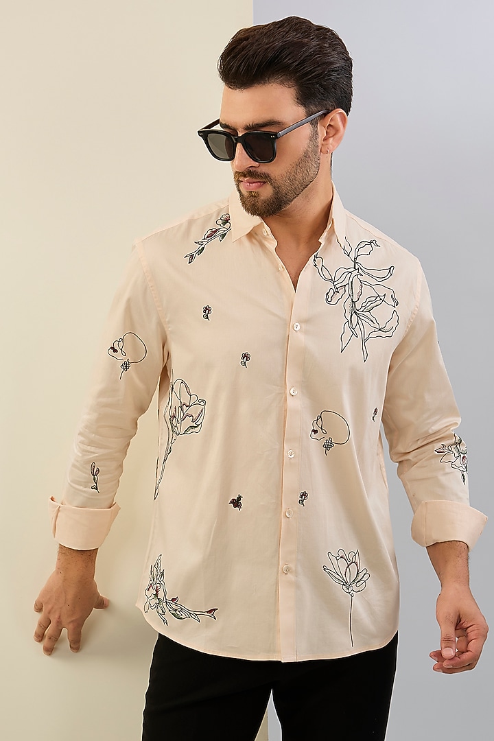 Beige Cotton Satin Machine Embroidered Party Wear Shirt by Sahil Kochhar Men at Pernia's Pop Up Shop
