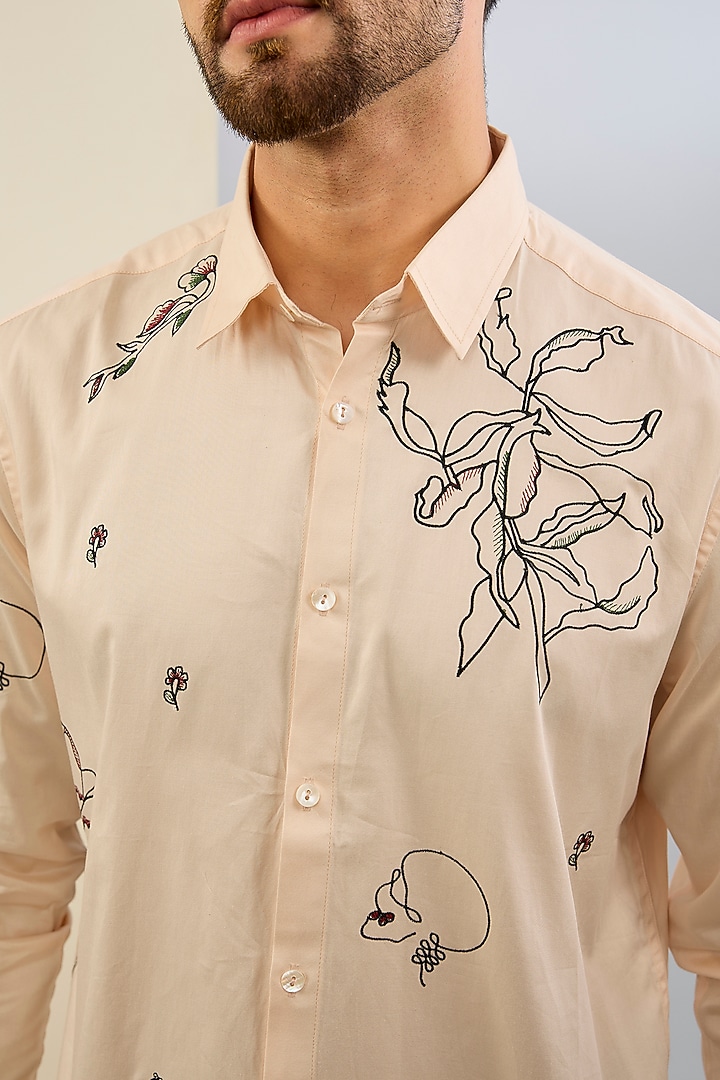 Beige Cotton Satin Machine Embroidered Party Wear Shirt by Sahil Kochhar Men at Pernia's Pop Up Shop