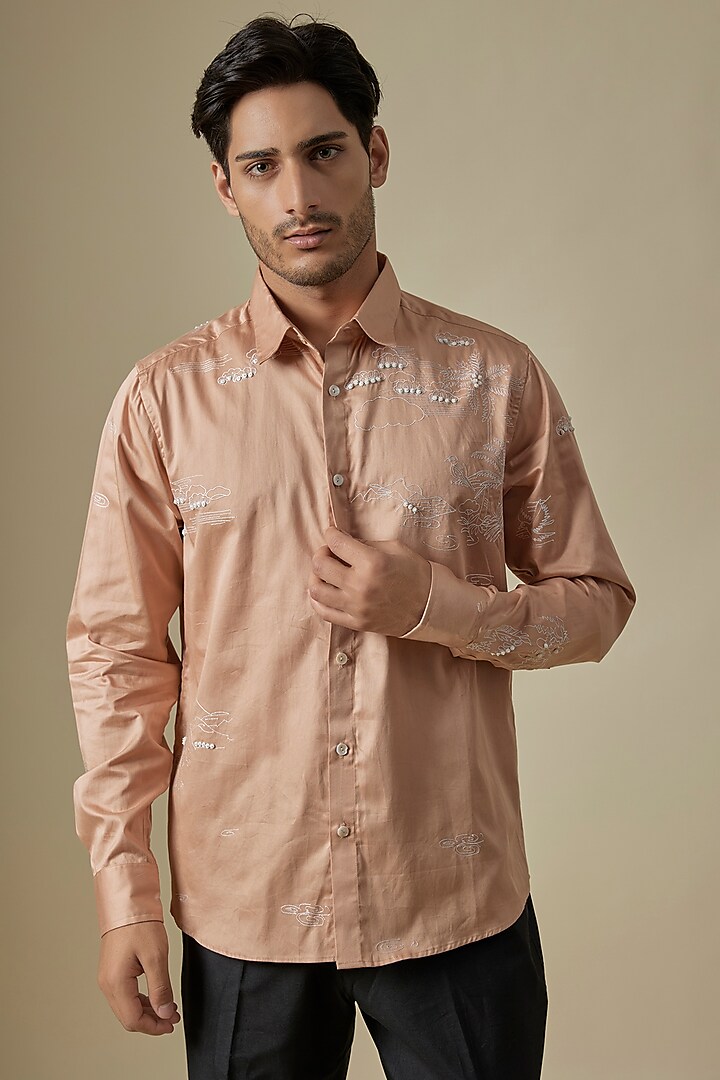 Pastel Peach Cotton Satin Embroidered Shirt by Sahil Kochhar Men at Pernia's Pop Up Shop