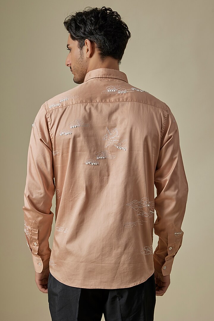 Pastel Peach Cotton Satin Embroidered Shirt by Sahil Kochhar Men at Pernia's Pop Up Shop