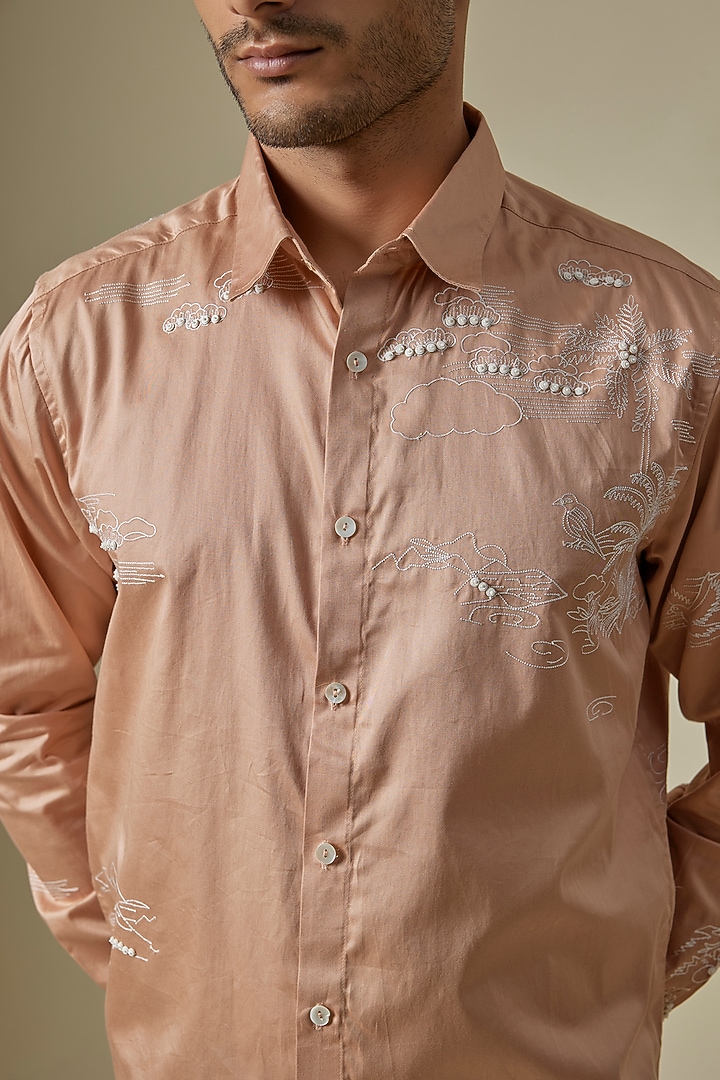 Pastel Peach Cotton Satin Embroidered Shirt by Sahil Kochhar Men at Pernia's Pop Up Shop