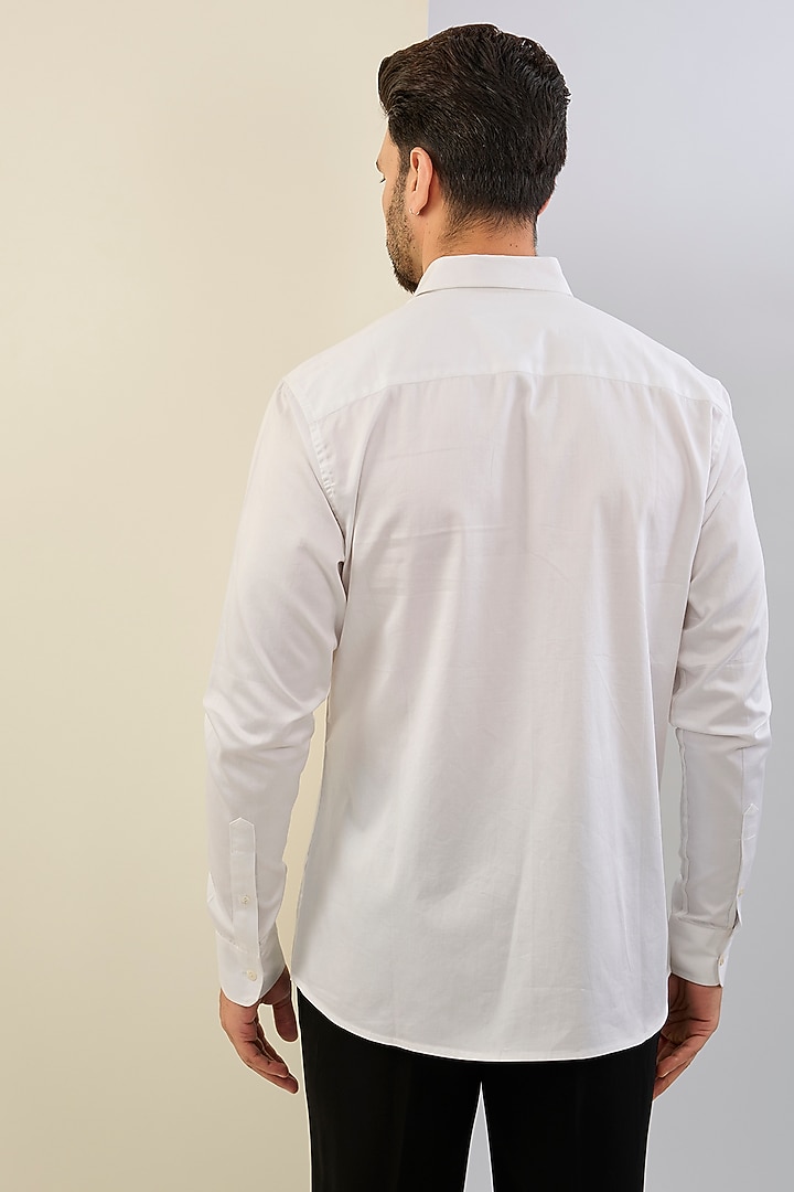 White Cotton Satin Machine Embroidered Party Wear Shirt by Sahil Kochhar Men at Pernia's Pop Up Shop