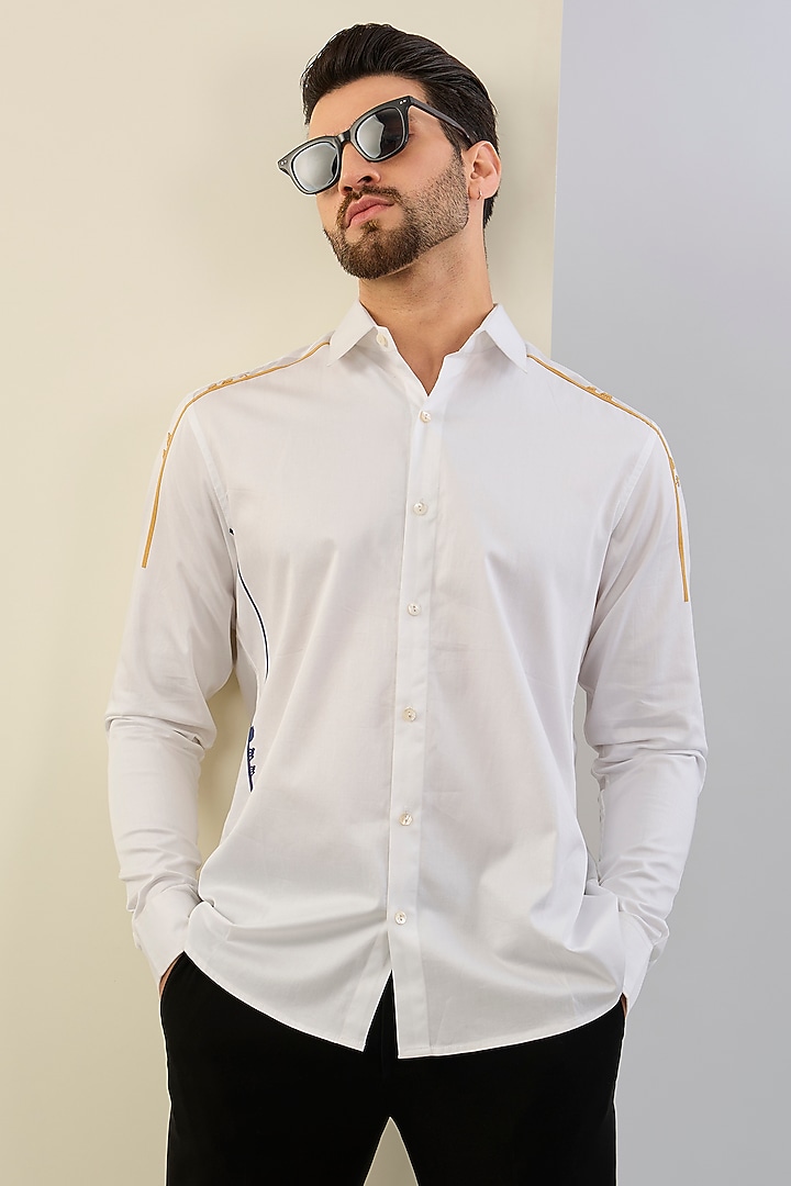 White Cotton Satin Machine Embroidered Party Wear Shirt by Sahil Kochhar Men at Pernia's Pop Up Shop