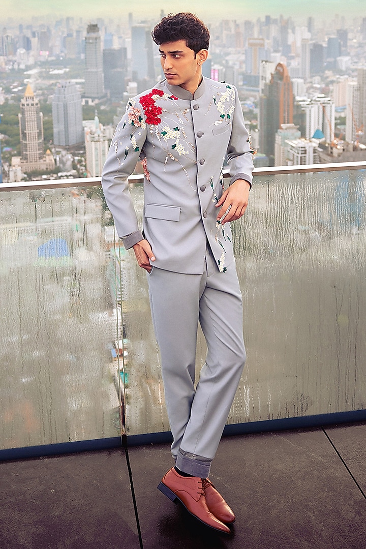 Green Suiting Fabric Hand Embroidered Bandhgala Set by Sahil Kochhar Men