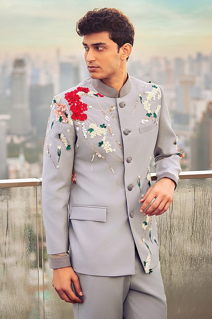 Grey Suiting Fabric Hand Embroidered Groom Bandhgala Set by Sahil Kochhar Men at Pernia's Pop Up Shop