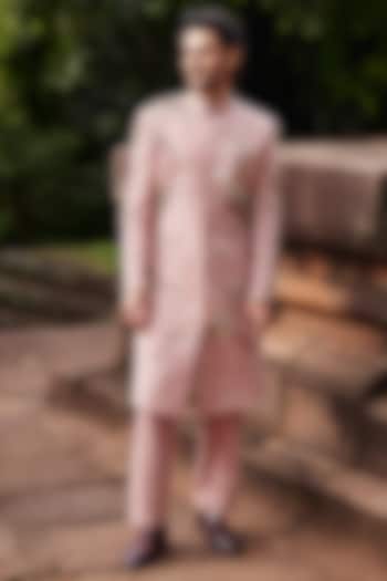 Peach Matka Silk Hand Embroidered Sherwani Set by Sahil Kochhar Men