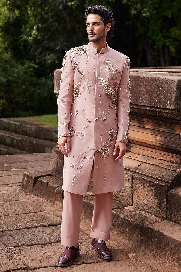 Peach Matka Silk Hand Embroidered Sherwani Set by Sahil Kochhar Men