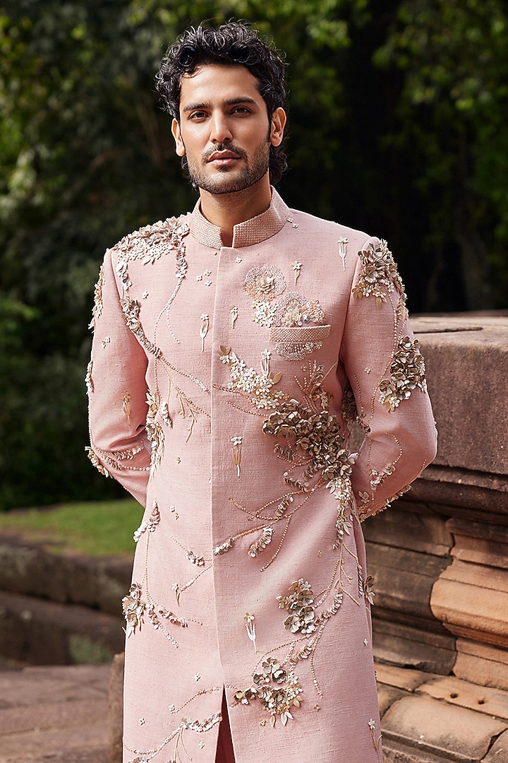 Peach Matka Silk Hand Embroidered Groom Sherwani Set by Sahil Kochhar Men at Pernia's Pop Up Shop