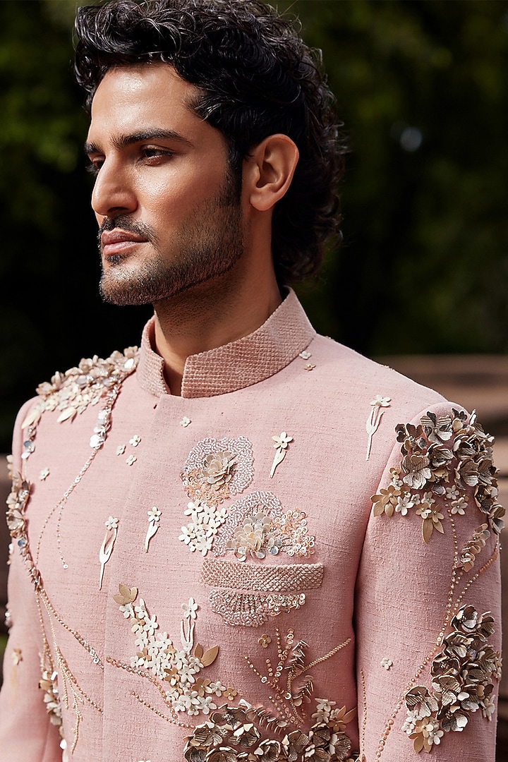 Peach Matka Silk Hand Embroidered Groom Sherwani Set by Sahil Kochhar Men at Pernia's Pop Up Shop