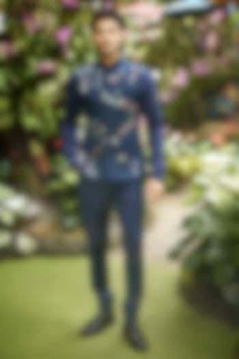 Indigo Suiting Fabric Applique Work Bundi Jacket by Sahil Kochhar Men