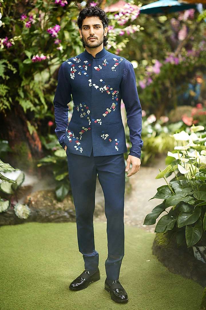Indigo Suiting Fabric Applique Work Bundi Jacket by Sahil Kochhar Men