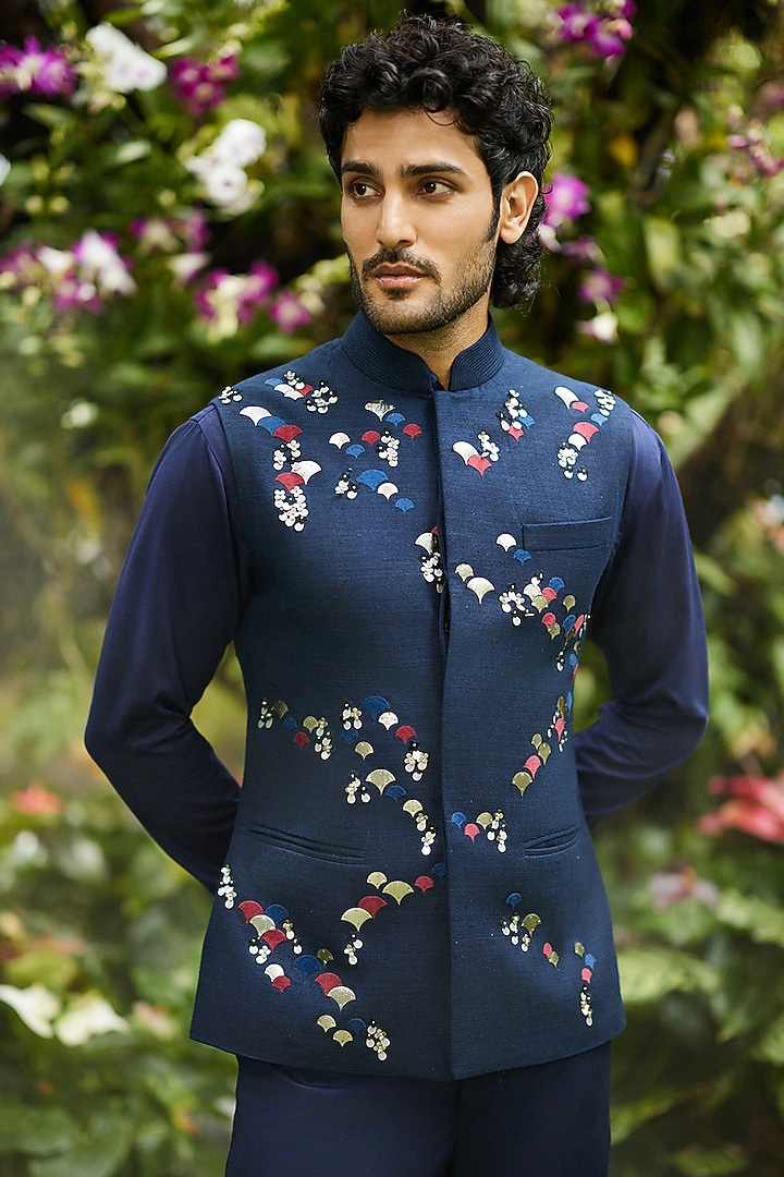 Indigo Suiting Fabric Applique Work Bundi Jacket by Sahil Kochhar Men at Pernia's Pop Up Shop