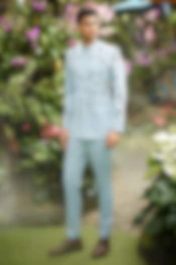 Blue Suiting Fabric Applique Work Bandhgala Set by Sahil Kochhar Men