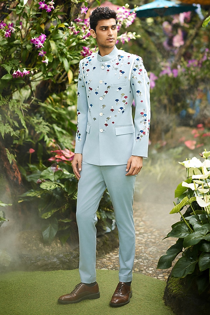 Blue Suiting Fabric Applique Work Bandhgala Set by Sahil Kochhar Men