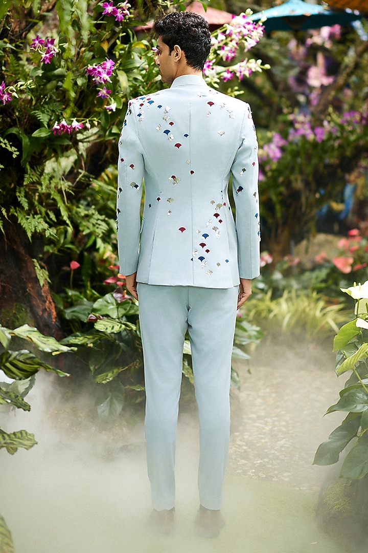 Blue Suiting Fabric Applique Work Groom Bandhgala Set by Sahil Kochhar Men at Pernia's Pop Up Shop