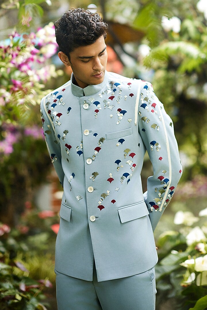 Blue Suiting Fabric Applique Work Groom Bandhgala Set by Sahil Kochhar Men at Pernia's Pop Up Shop