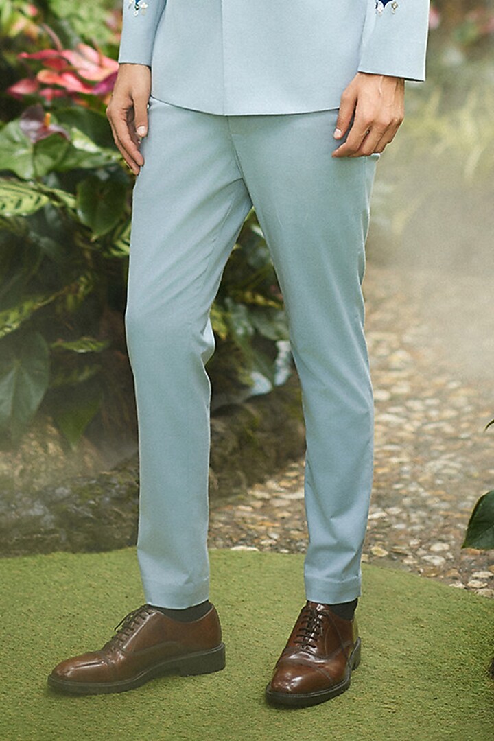 Blue Suiting Fabric Applique Work Groom Bandhgala Set by Sahil Kochhar Men at Pernia's Pop Up Shop