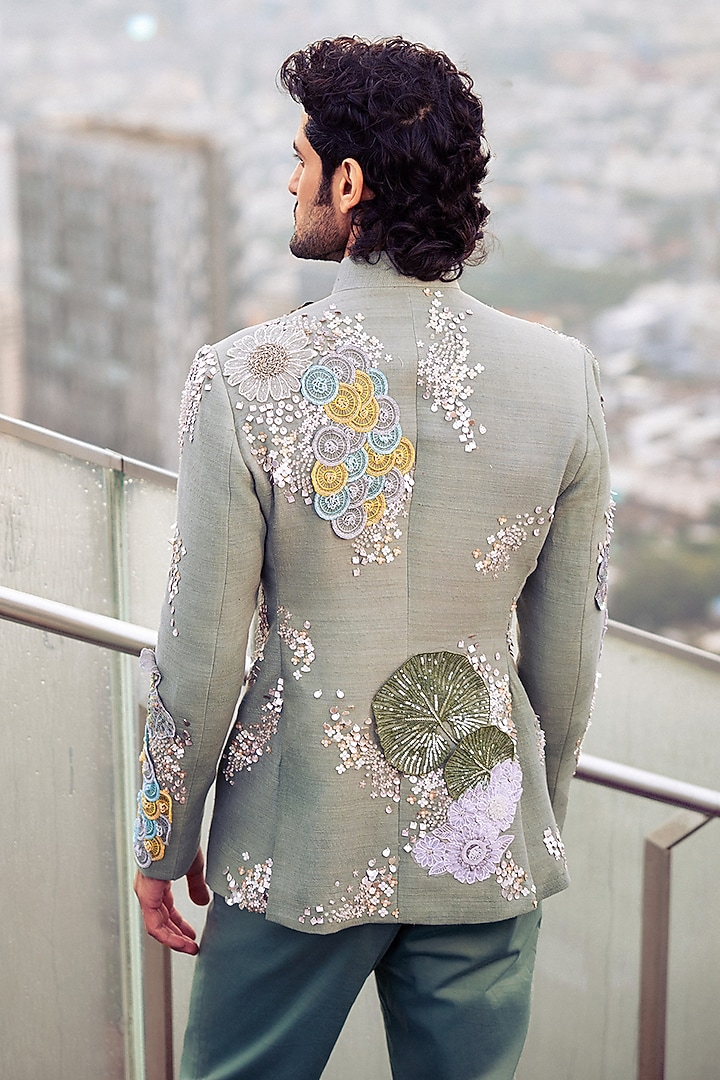 Green Matka Silk Hand Embroidered Groom Bandhgala Set by Sahil Kochhar Men at Pernia's Pop Up Shop
