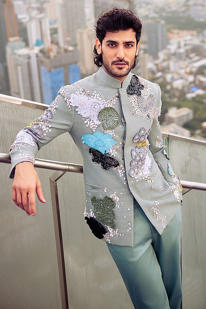 Green Matka Silk Hand Embroidered Groom Bandhgala Set by Sahil Kochhar Men at Pernia's Pop Up Shop