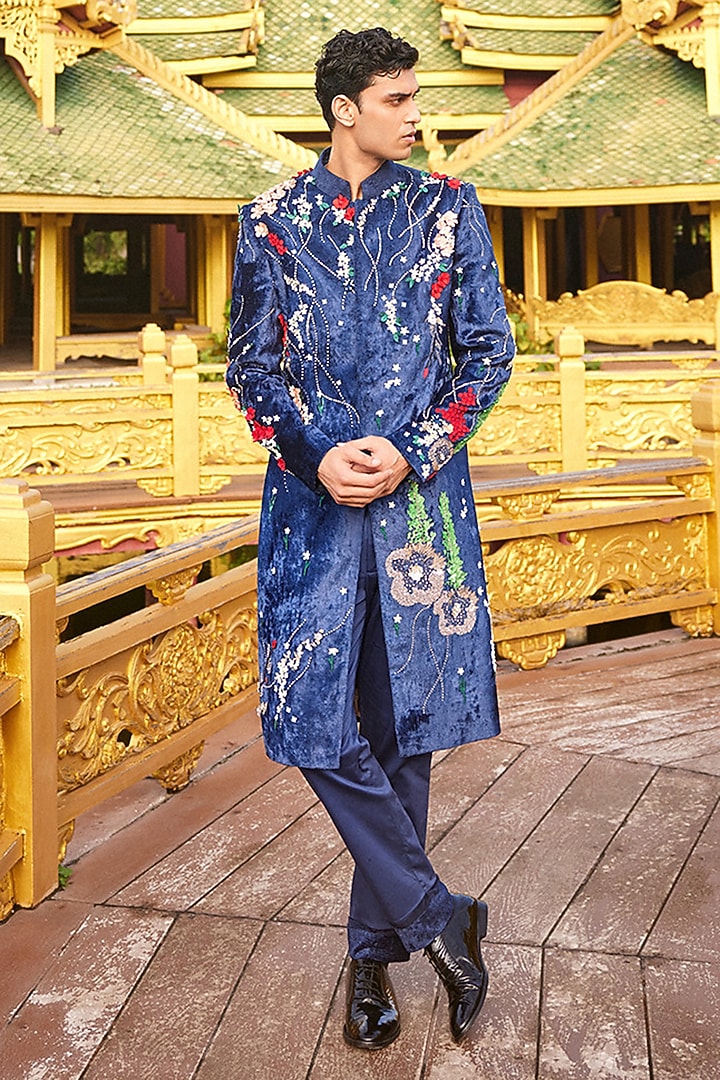 Blue Silk Velvet Hand Embroidered Sherwani Set by Sahil Kochhar Men