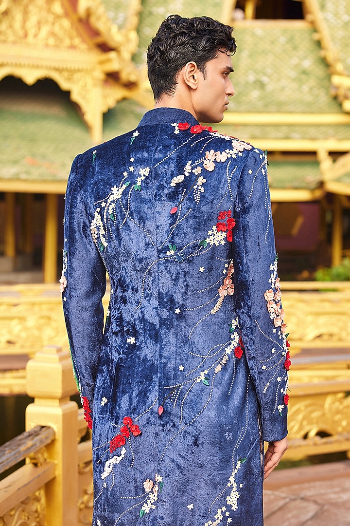 Blue Silk Velvet Hand Embroidered Groom Sherwani Set by Sahil Kochhar Men at Pernia's Pop Up Shop
