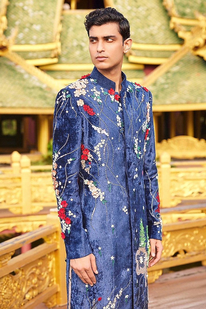 Blue Silk Velvet Hand Embroidered Groom Sherwani Set by Sahil Kochhar Men at Pernia's Pop Up Shop