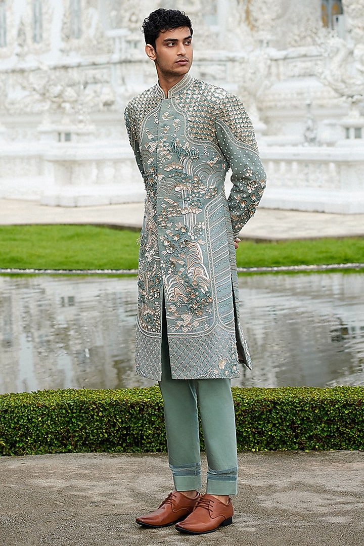 Green Matka Silk Hand Embroidered Sherwani Set by Sahil Kochhar Men
