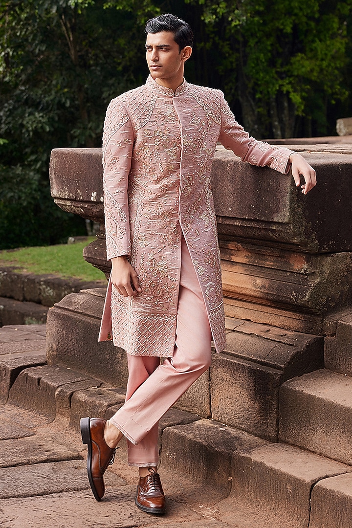 Peach Matka Silk Hand Embroidered Sherwani Set by Sahil Kochhar Men