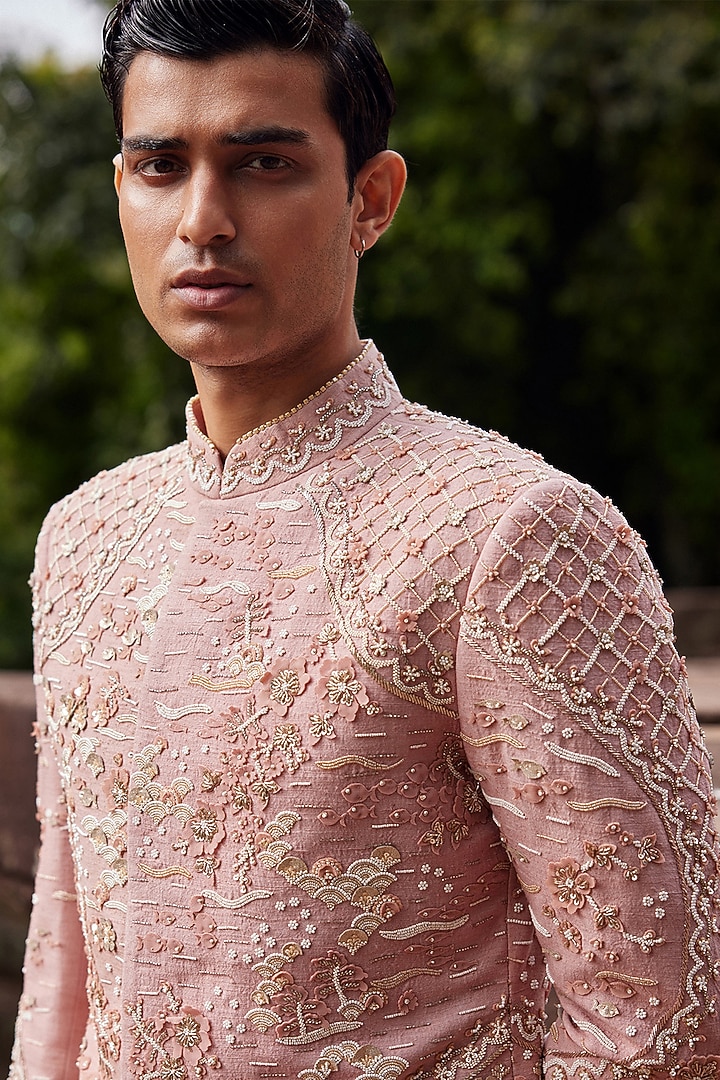 Peach Matka Silk Hand Embroidered Groom Sherwani Set by Sahil Kochhar Men at Pernia's Pop Up Shop