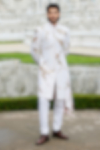 Ivory Matka Silk Hand Embroidered Sherwani Set by Sahil Kochhar Men