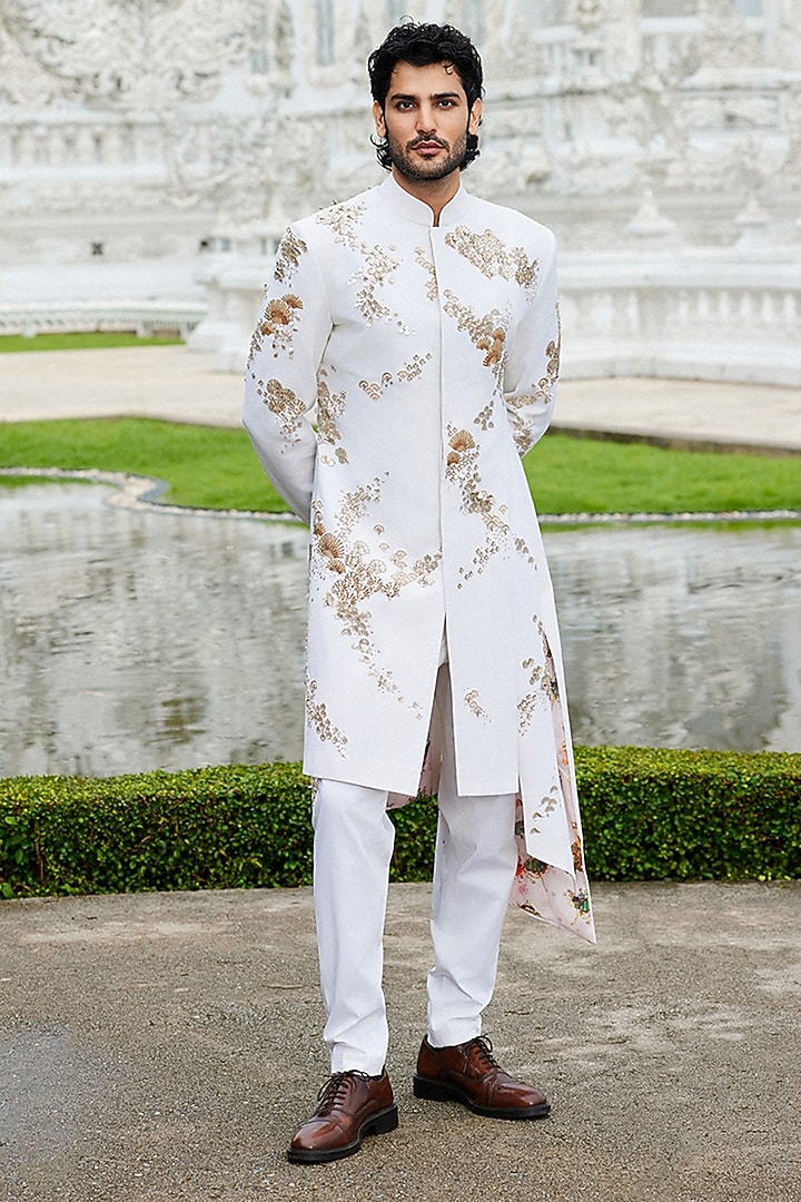 Ivory Matka Silk Hand Embroidered Sherwani Set by Sahil Kochhar Men