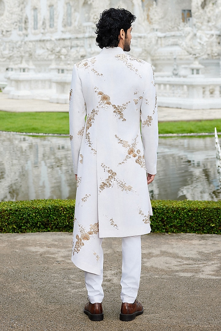 Ivory Matka Silk Hand Embroidered Groom Sherwani Set by Sahil Kochhar Men at Pernia's Pop Up Shop