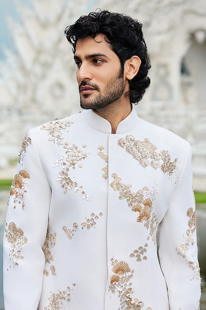Ivory Matka Silk Hand Embroidered Groom Sherwani Set by Sahil Kochhar Men at Pernia's Pop Up Shop