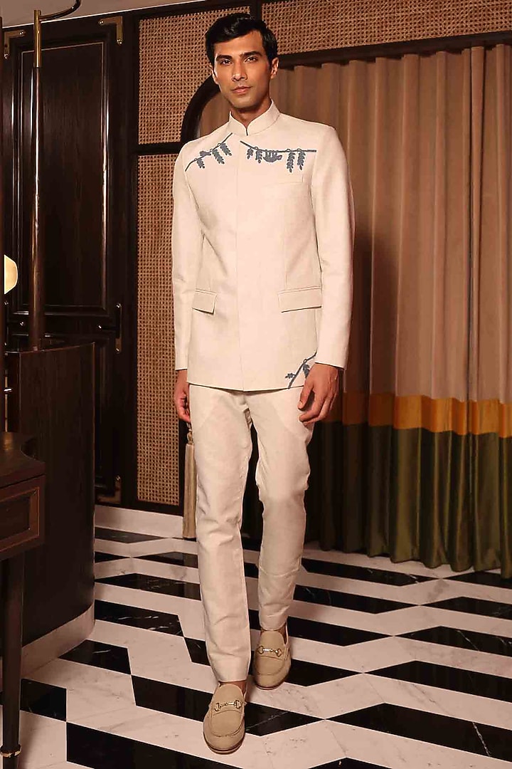 Ivory Suiting Hand Embroidered Wedding Bandhgala Set by Sahil Kochhar Men at Pernia's Pop Up Shop