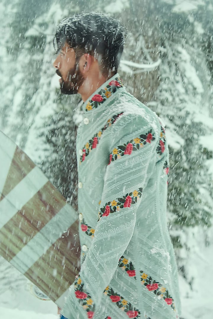 Green Pure Matka Silk Groom Bandhgala by Sahil Kochhar Men at Pernia's Pop Up Shop