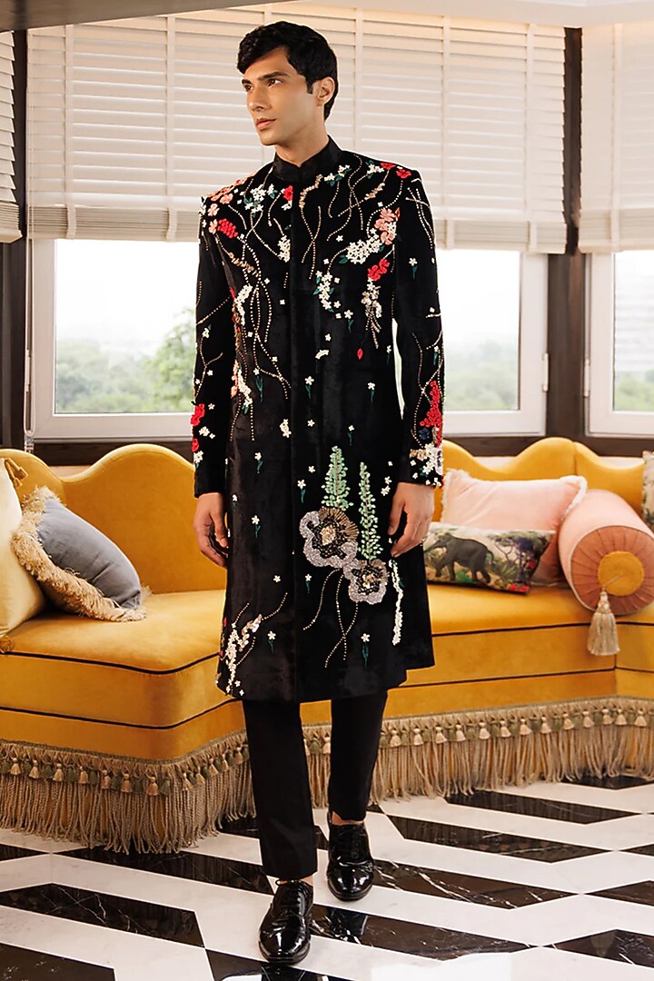Black Silk Velvet Groom Sherwani by Sahil Kochhar Men at Pernia's Pop Up Shop