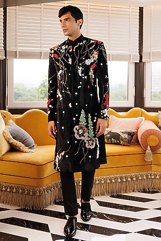 Black Silk Velvet Sherwani by Sahil Kochhar Men