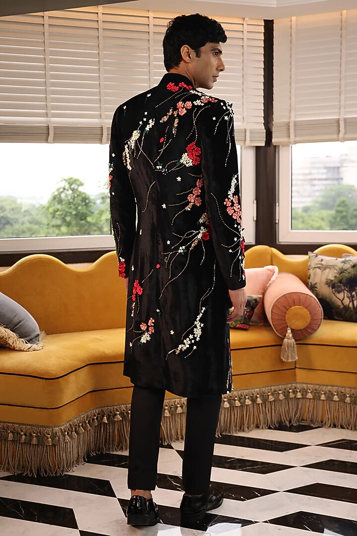 Black Silk Velvet Groom Sherwani by Sahil Kochhar Men at Pernia's Pop Up Shop