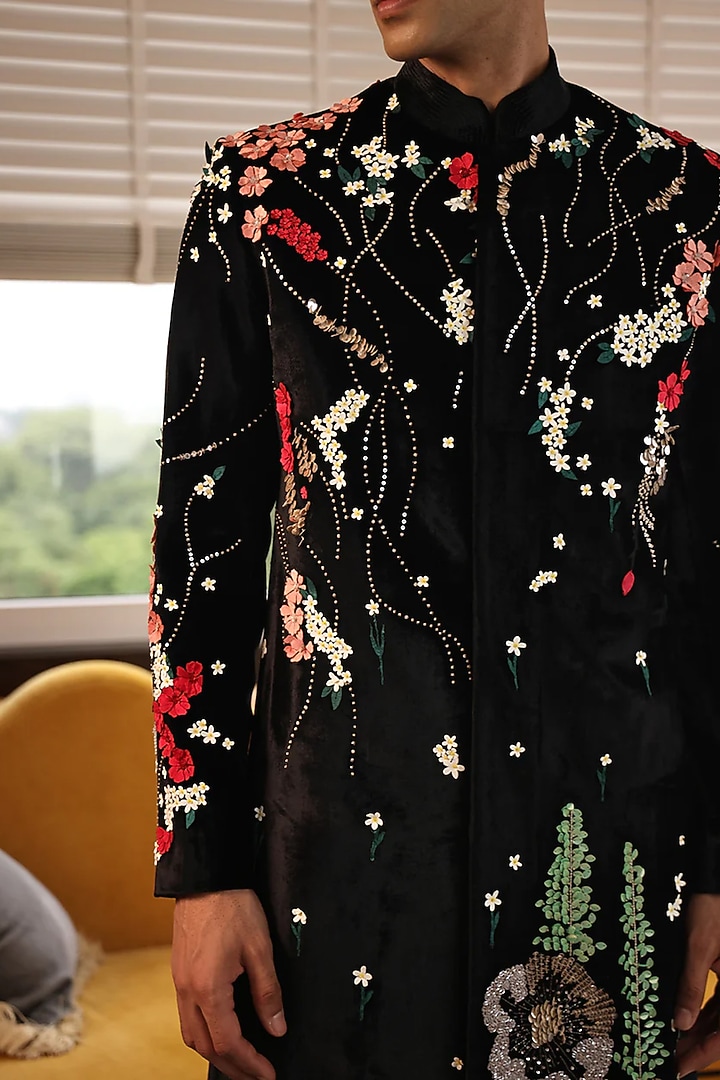 Black Silk Velvet Groom Sherwani by Sahil Kochhar Men at Pernia's Pop Up Shop